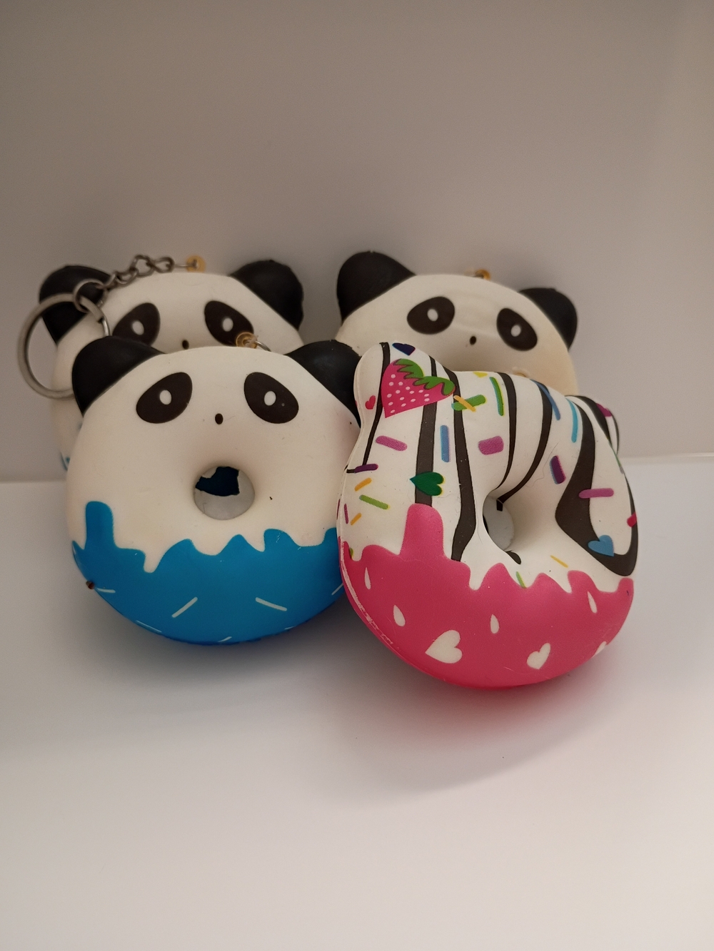 Set Of 3 Cute Panda 1 Party Donut Squishies Keychain Set - Pink & Blue